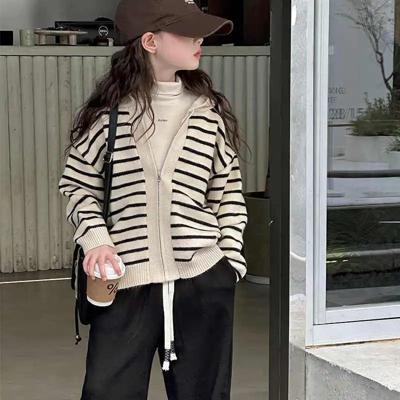 

2025 New Girls' Stylish Zipper Knit Sweater with Hood - Toddler & Youth Spring/Fall Cardigan Coat