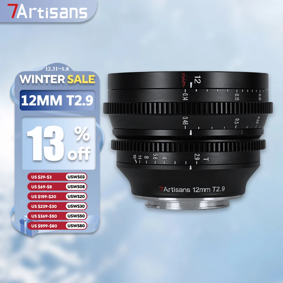 7artisans APS-C 12mm T2.9 Ultra-wide Angle Cine Lens for Camera Photography with Sony E Nikon Z XF RF M43 L Mount A7RIII XE4