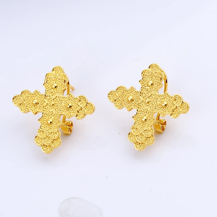 Ethiopian 4pc Golden Cross 80CM Necklace Earrings Rings African Party Jewelry Set Women Girls Eritrean Habesha Accessories