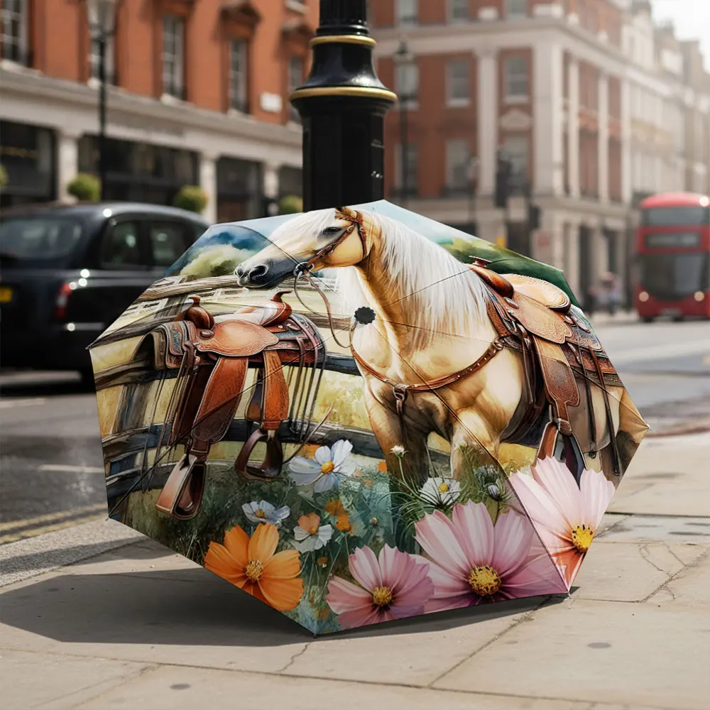 1P C Artistic Umbrella with Horse and Floral Design Print 8 Iron Ribs Folding Umbrella Auto-Open Fashion Sunshade