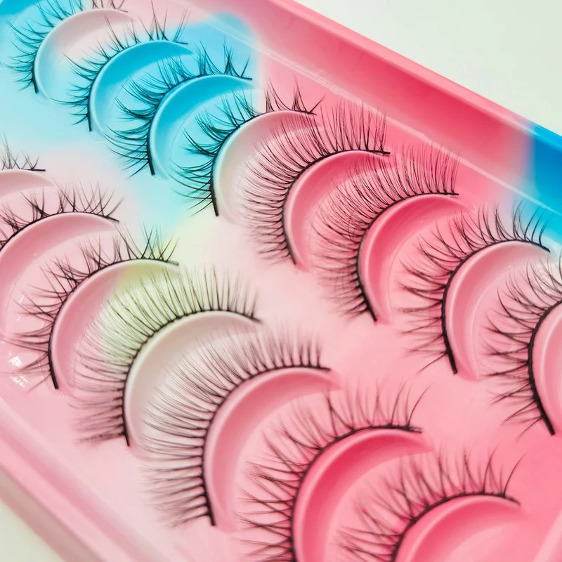 Natürliche Wimpern, 5/10 Paar, 3D-Manga-Wimpern, natürliche kurze Manga-Wimpern mit vollem Streifen, klares Band, weiches Licht, natürliche Anime-Wimpern – Detail 6