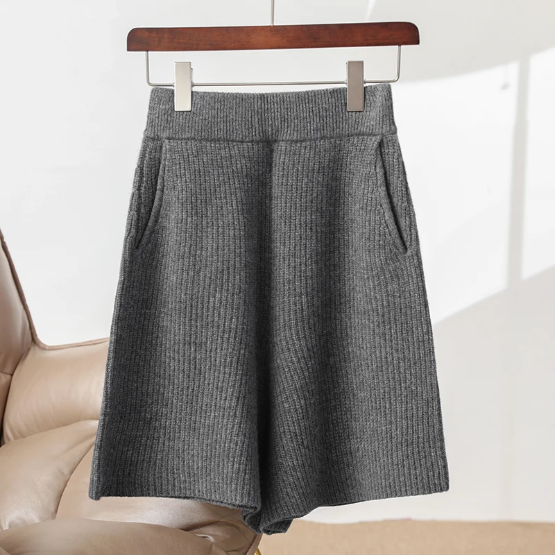 Women's Thickened Elastic - Waist Solid - Color Shorts, 35% Cashmere & 65% Wool, Stylish & Warm