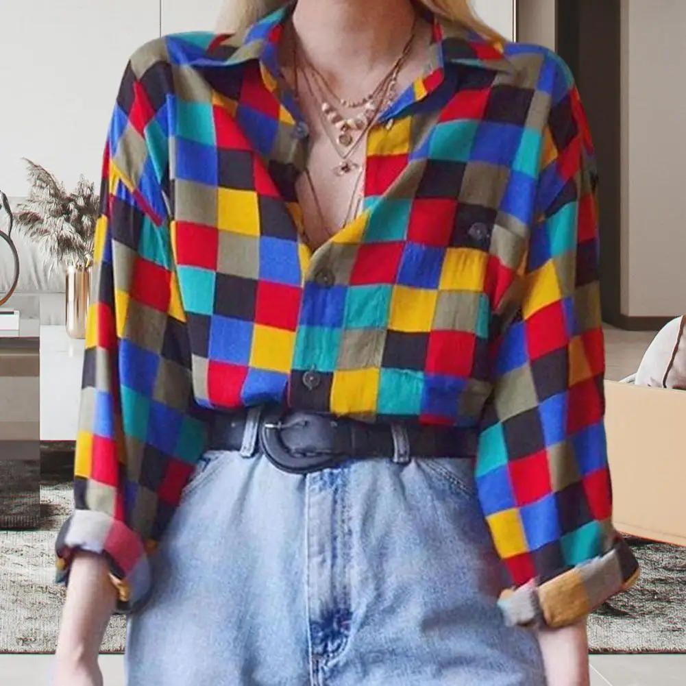 

Classic Rainbow Plaid Print Retro Shirt Elegant Office Ladies Loose Shirt Blouse 2025 Spring Autumn Long Sleeve Vintage Shirts