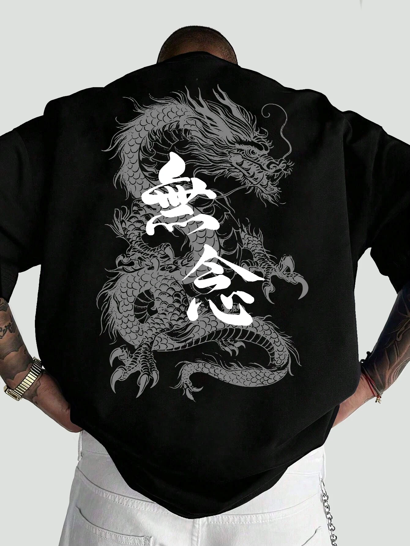 Men Oversized T-Shirt Grey Chinese Dragon Ink Sketch Wu Nian Calligraphy Back Print Oriental Streetwear Loose Tee
