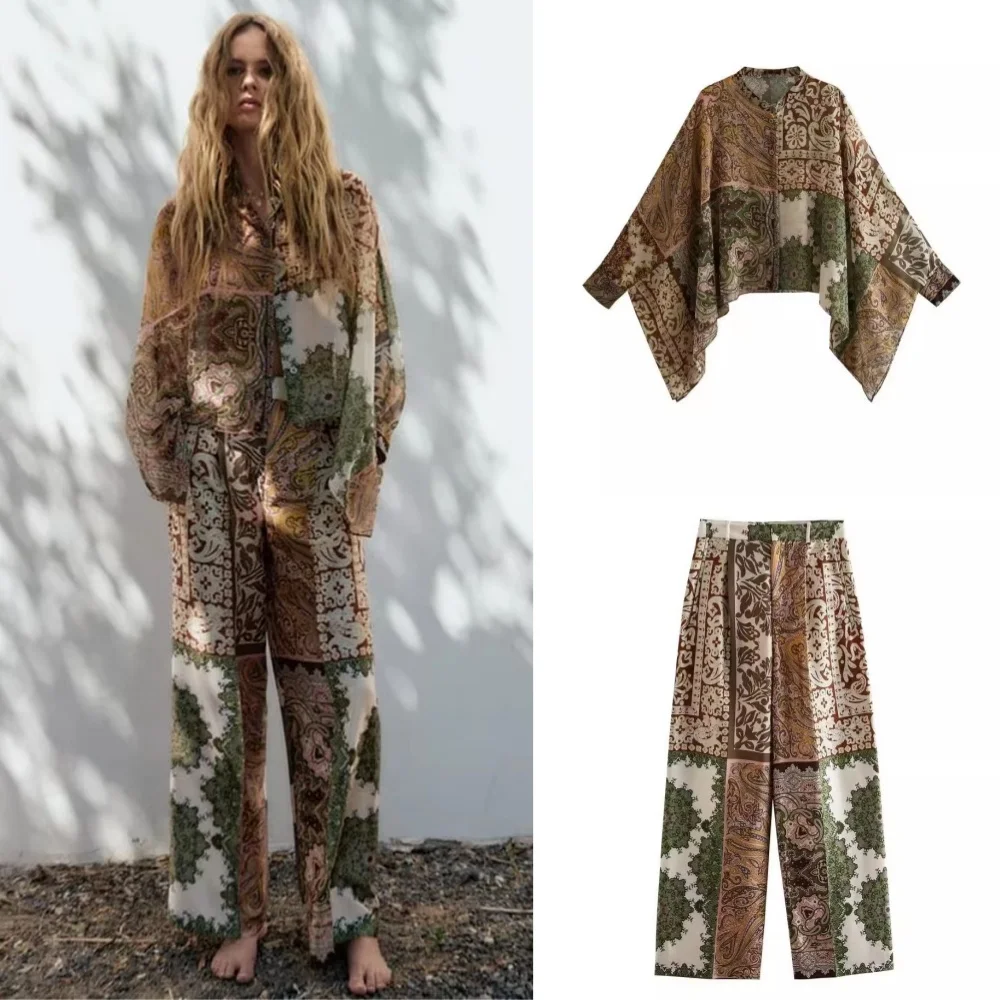 2024 Autumn Women Vintage Print Satin Blouse Suit Loose Shirt Oversize Top Long Sleeve Casual Female Wide Pant Set