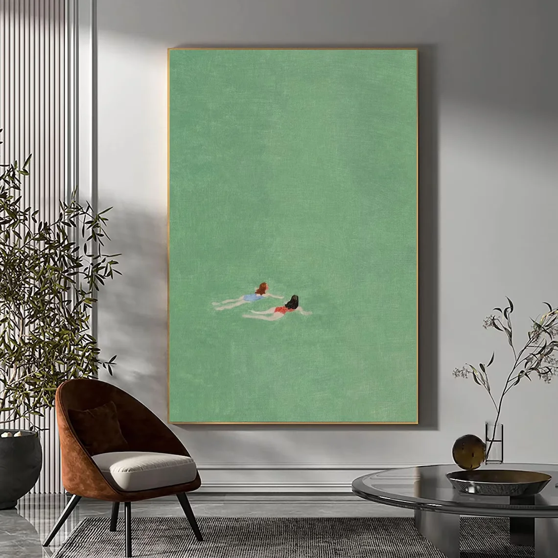 Minimalistisches grünes Schwimmduo-Wandbild von Serene Floaters – Sanfte Pastell-Sommerszene, ein beruhigendes Dekorationsstück für B