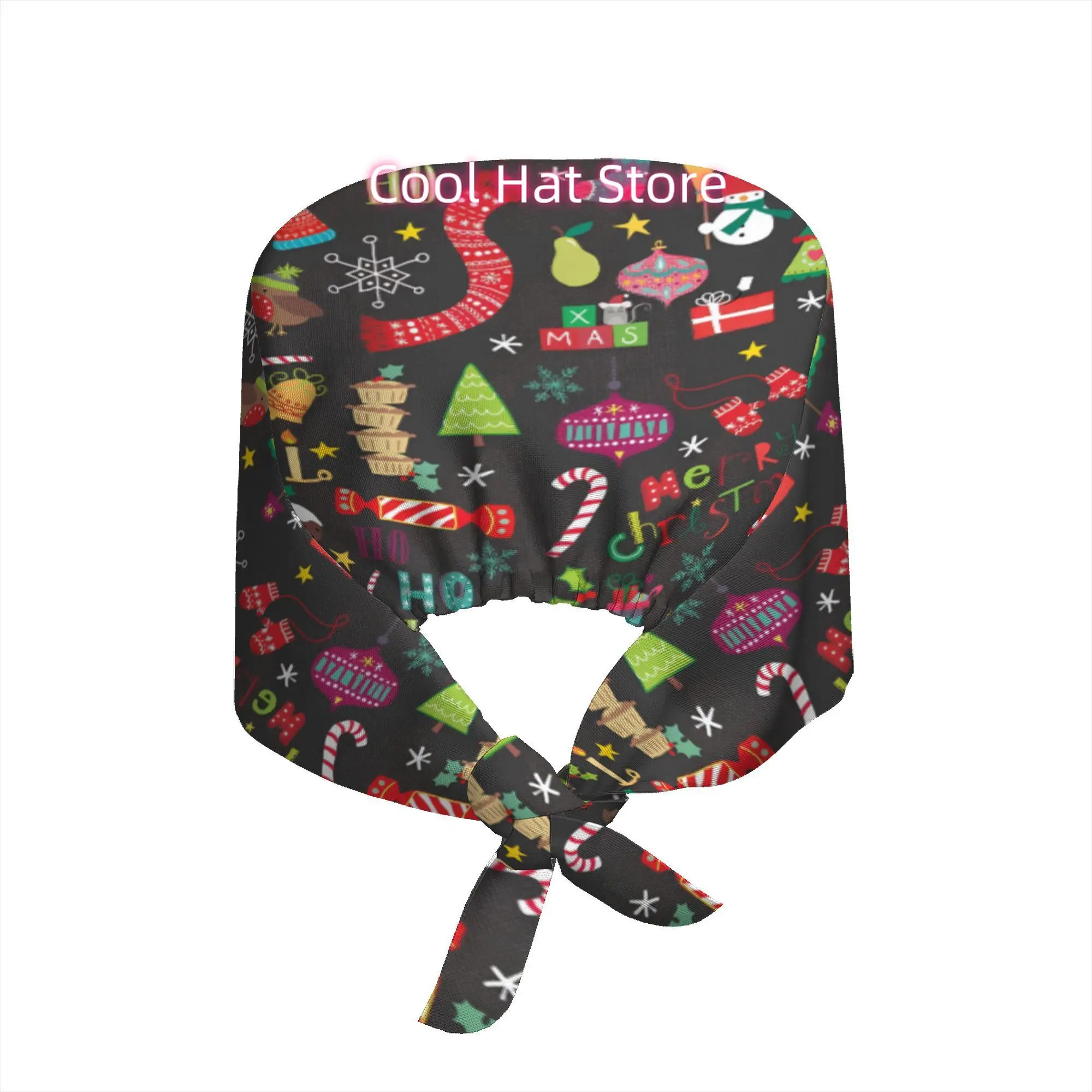 1pc Christmas Adjustable Working Cap, Elastic Tie-Back Scrub Cap, Unisex, One Size, Hand-drawn graffiti-style Christmas pattern
