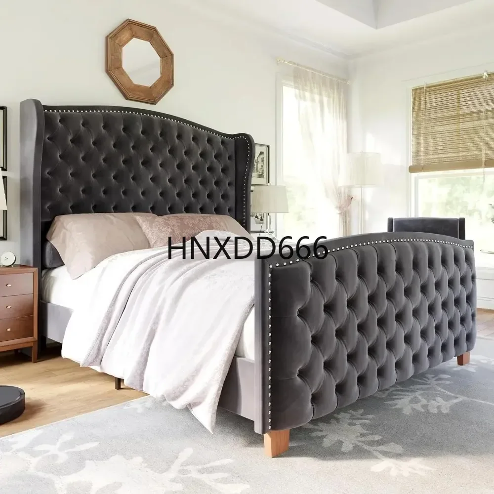 

Queen Platform Bed Frame w/62" High Headboard, Velvet Upholstered Bed w/ Button Tufted & Nailhead Trim Wingback Headboard,