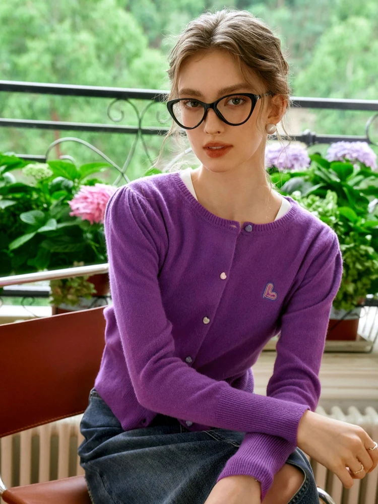 

OLrain Women Long Sleeve Cardigan 2025 Autumn Fashion Purple Knitted O-Neck Sweater Embroidered Slim Casual Top O24QZ83663