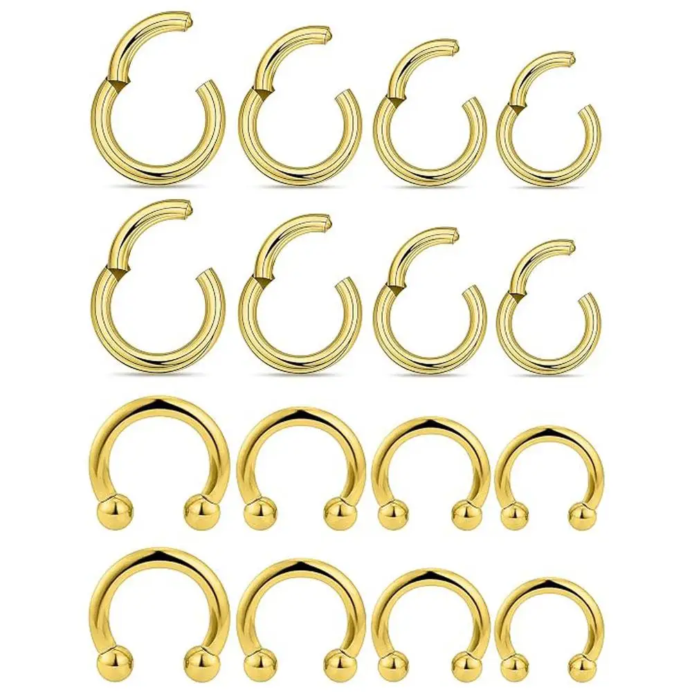 16Pcs Set Nose Rings Hoops 316L Surgical Steel Hinged Nose Rings for Nostril Septum Cartilage Helix Daith Conch Lip Ear Piercing