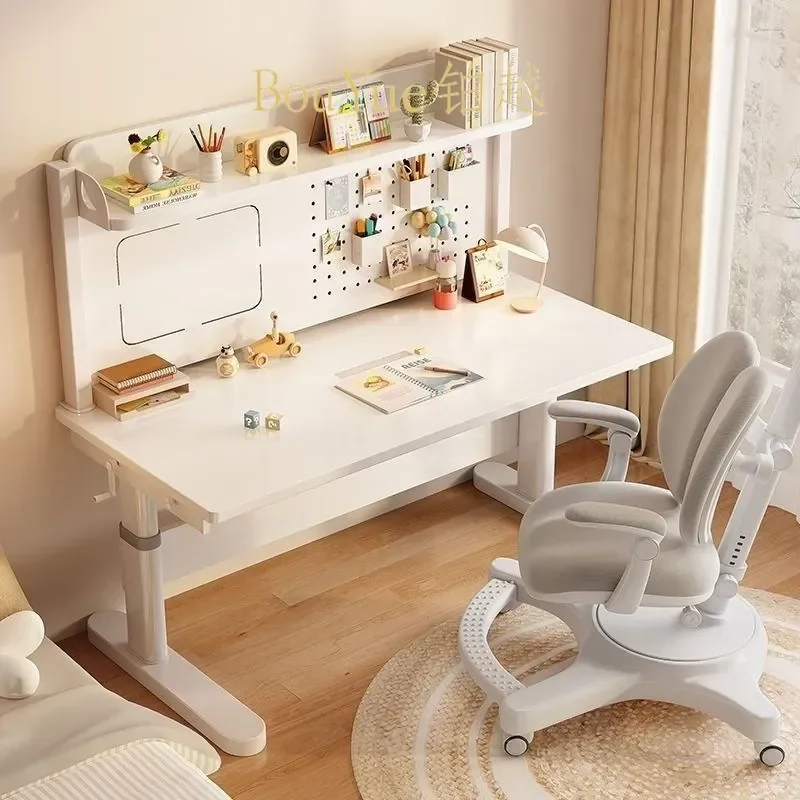 Solid Wood Kids Desk Manual Height Adjustable Study Table for Primary Students White Writing Station with Pegboard Bedroom