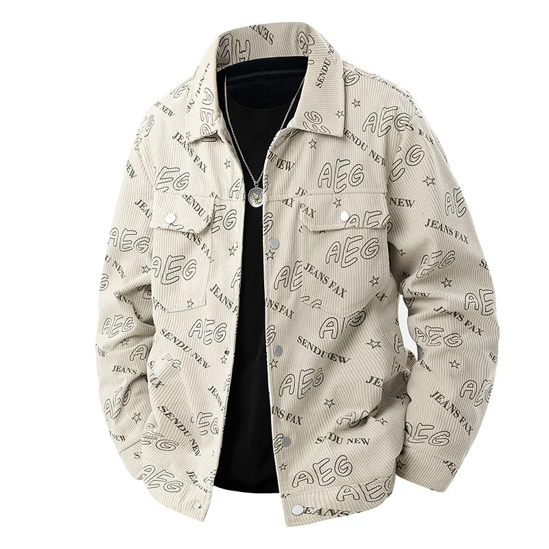 

Autumn Men Jacket Letter Printed Turn Down Collar Young Man Coat Pocket Single-breasted Business Casual Male Outerwear