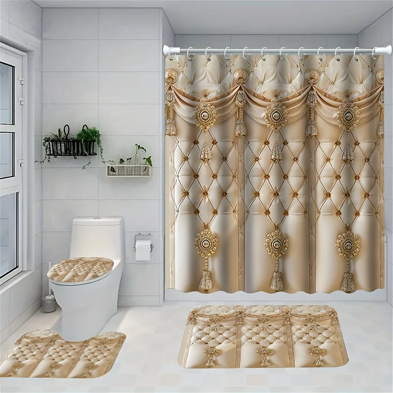 

Набор из четырех предметов для ванной комнаты Golden Damask — элегантная водонепроницаемая занавеска для душа для полного набора для ванной комнаты