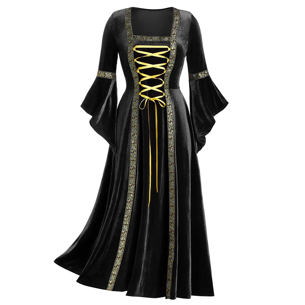 Medievale rinascimentale Cosplay Vintage Gothic Bandage Women Dress Flare Sleeve lunghezza del pavimento Goth Vampire Witch Dresses S-XXL