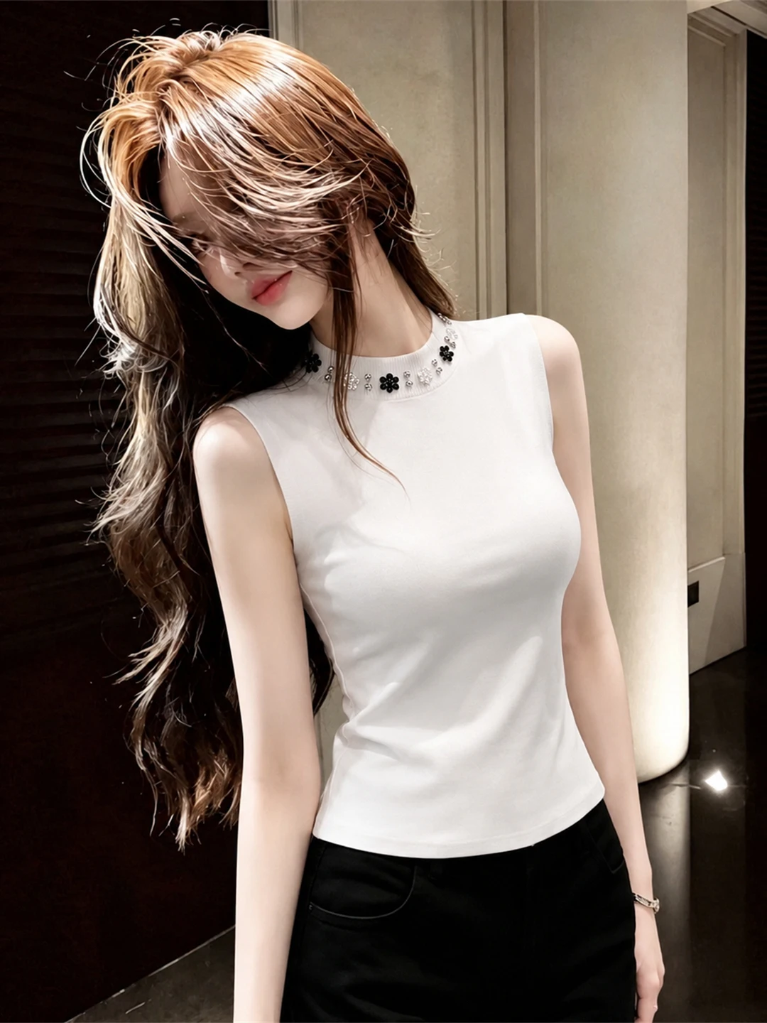 

Summer Ice Silk Knitted Sleeveless Vest Pure Color Overhead Style Heavy Embroidery Korean Version Fashionable Slim Fit Top