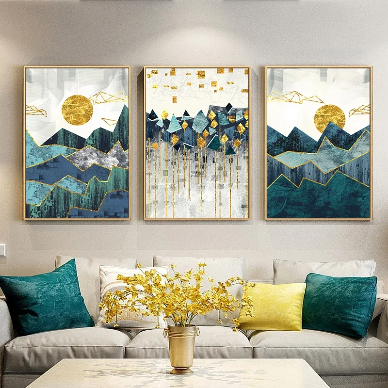 

Nordic Abstract Geometric Mountain Landscape Wall Art Canvas Painting Golden Sun Art Poster Print Wall Picture for Living Room