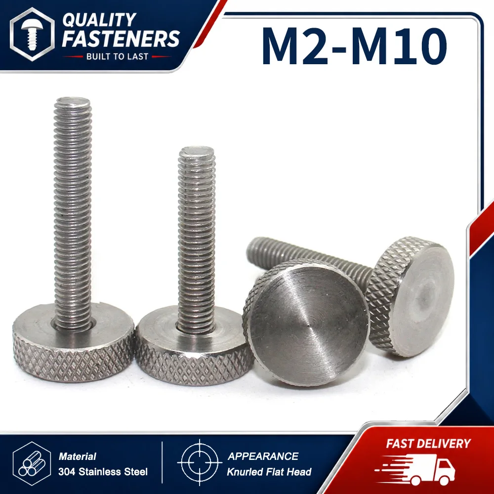 304 Stainless Steel Knurl Flat Head Hand Tighten Thumb Screw Bolt M2 M2.5 M3 M4 M5 M6 M8 M10 DIN653  2-20pcs Curtain Wall Glass
