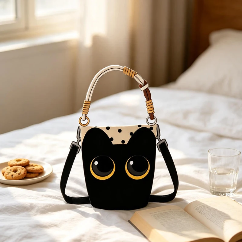 Gepunktete Cartoon-Katzen-Canvas-Umhängetasche, Niedliche Schwarze Kätzchen-Beuteltasche, Geräumige Casual-Shopper-Tragetasche – Detail 5