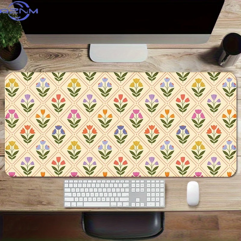 Stylish Tulip Design Mouse Pad with Beautiful Floral Aesthetic, Large Desk Mat Measuring  cm, Non-Slip Rubber Base Ideal for Off