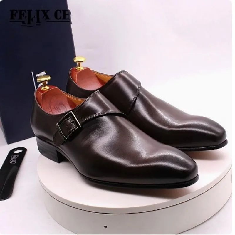Black Coffee Formal Business Shoes Buckle Strap Genuine Leather Mens Brogue Wedding Dress Shoes Fashion Plus Size 38-46
