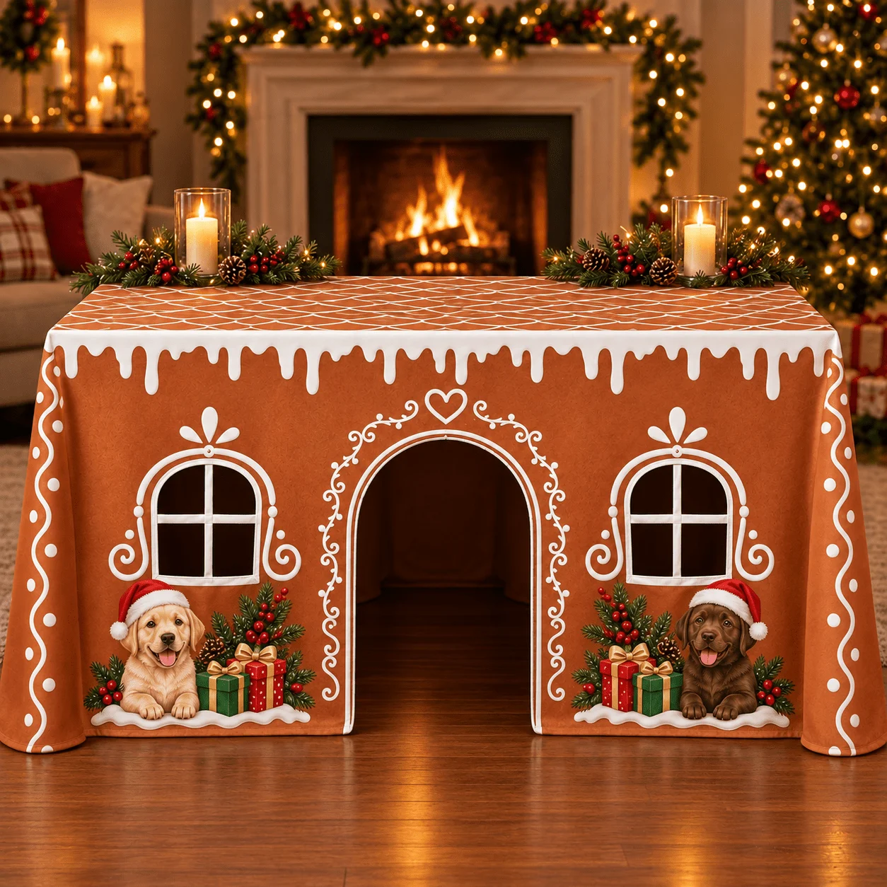 1 dog door tablecloth, a shop turned into a Christmas gingerbread house! Cute Christmas dog with frosting check, gift print