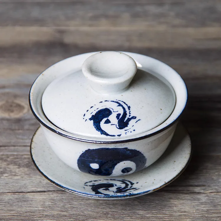 Jingdezhen Coarse Ceramics, Three Talents, Covered Bowls, Hand-Painted Tai Chi Tea Cups, Blue And White Respectfully