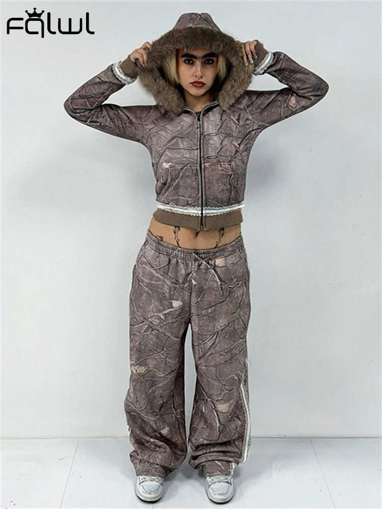 Habbris Winter Women's Y2K Harajuku Print Pants Set 2024 Hipster Vintage Fur Collar Zip-up Hoodie+Matching Sweatpants Streetwear