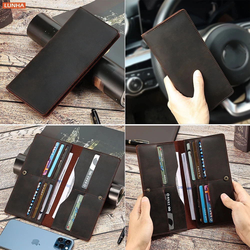 Vintage Genuine Leather Wallet Men's Long Billfold with 8 Card Slots Cash Card Holder Purse Business Travel Daily Commute