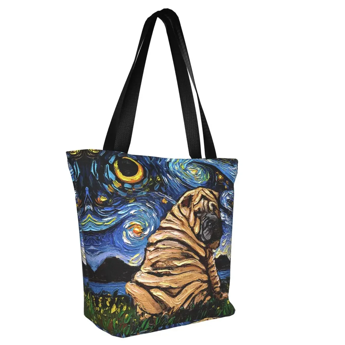 Custom Starry Night Sharpei Shopping Canvas Bag Women Washable Grocery Shar Pei Dog Tote Shopper Bags