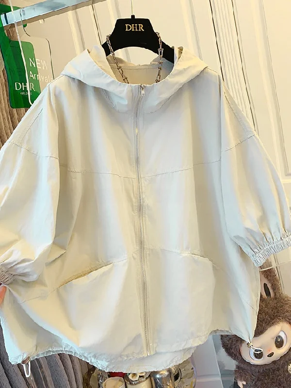 

plus Size Women's Floral Print Hooded Shirt Jacket Summer Short Five-Quarter Sleeve Sun Protection Top Korean Style Loose Fit