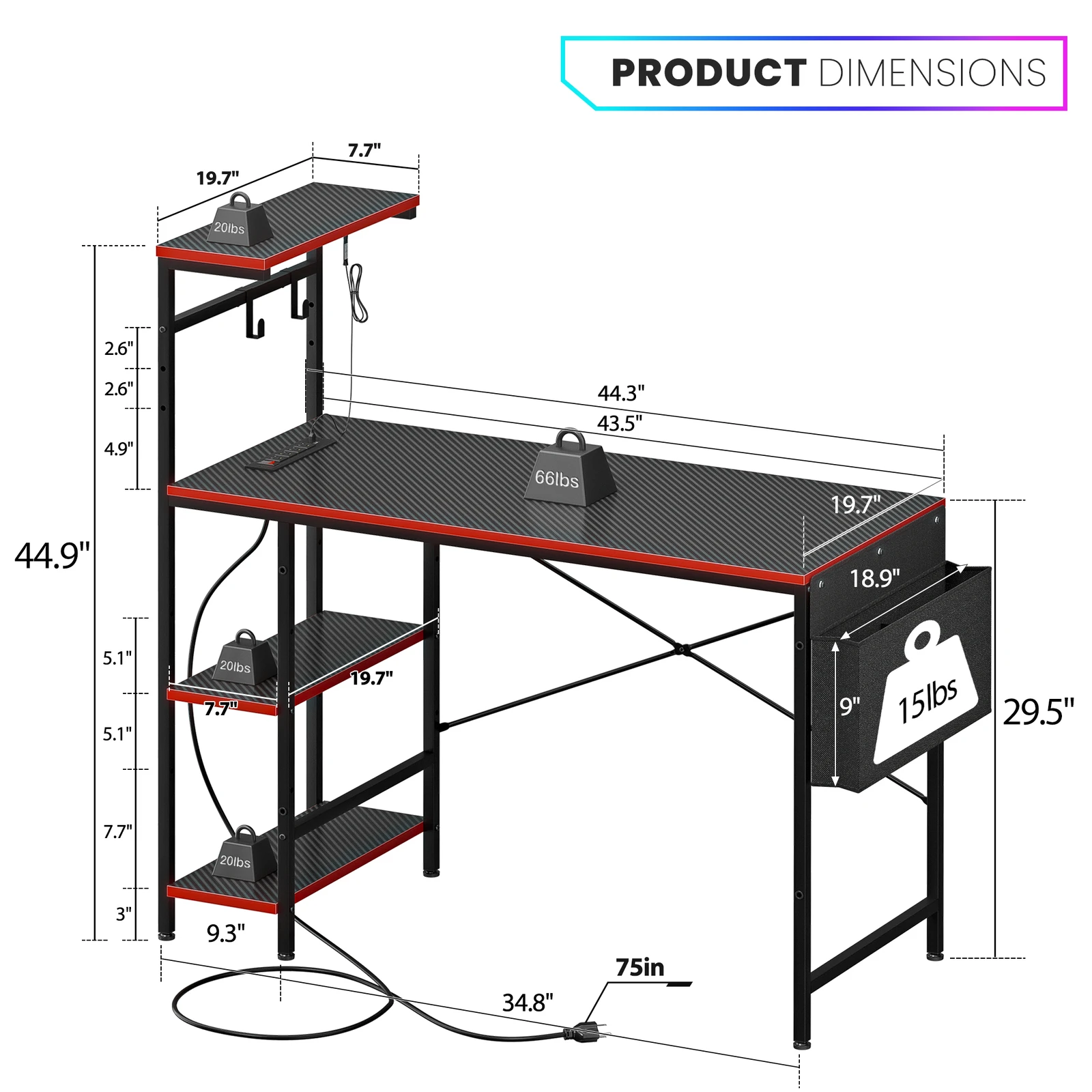 Computer desksGaming Desk with Power Outlets and LED Lighting 44 Inch Computer Desk with Hooks for Home Office Multi Functional