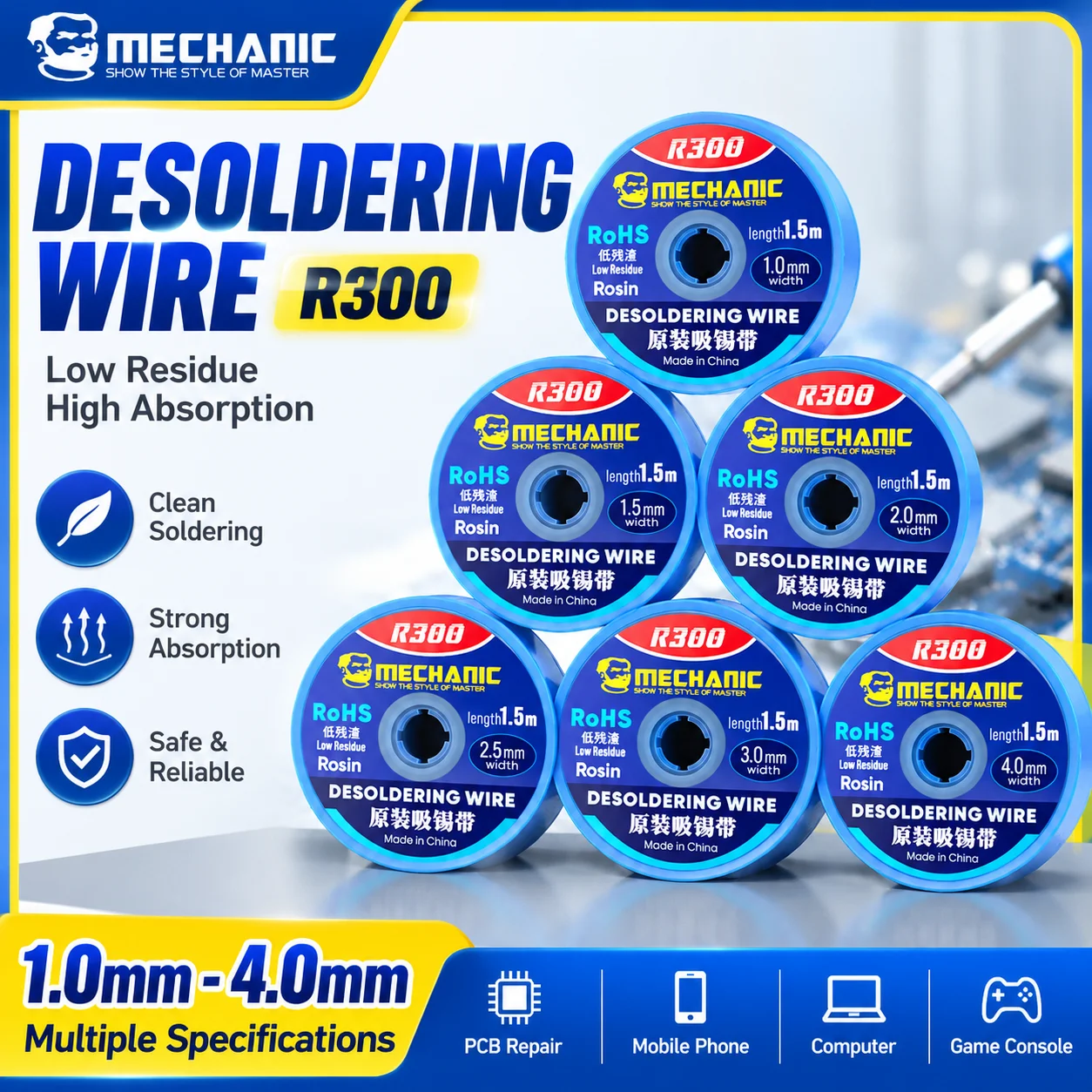 MECHANIC R300 Desoldering Braid Solder Wick Pure Copper Wire for PCB BGA Tin Removal Solder Cleaning Mobile Phone Repair Tool