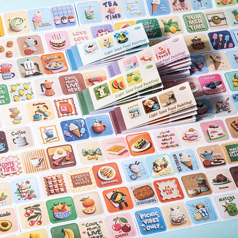 Journal GO 30pcs Light Sand Food Painting Sticker Set Hand-Drawn Cute Food Decorative Stickers for Journaling, Scrapbooking, a