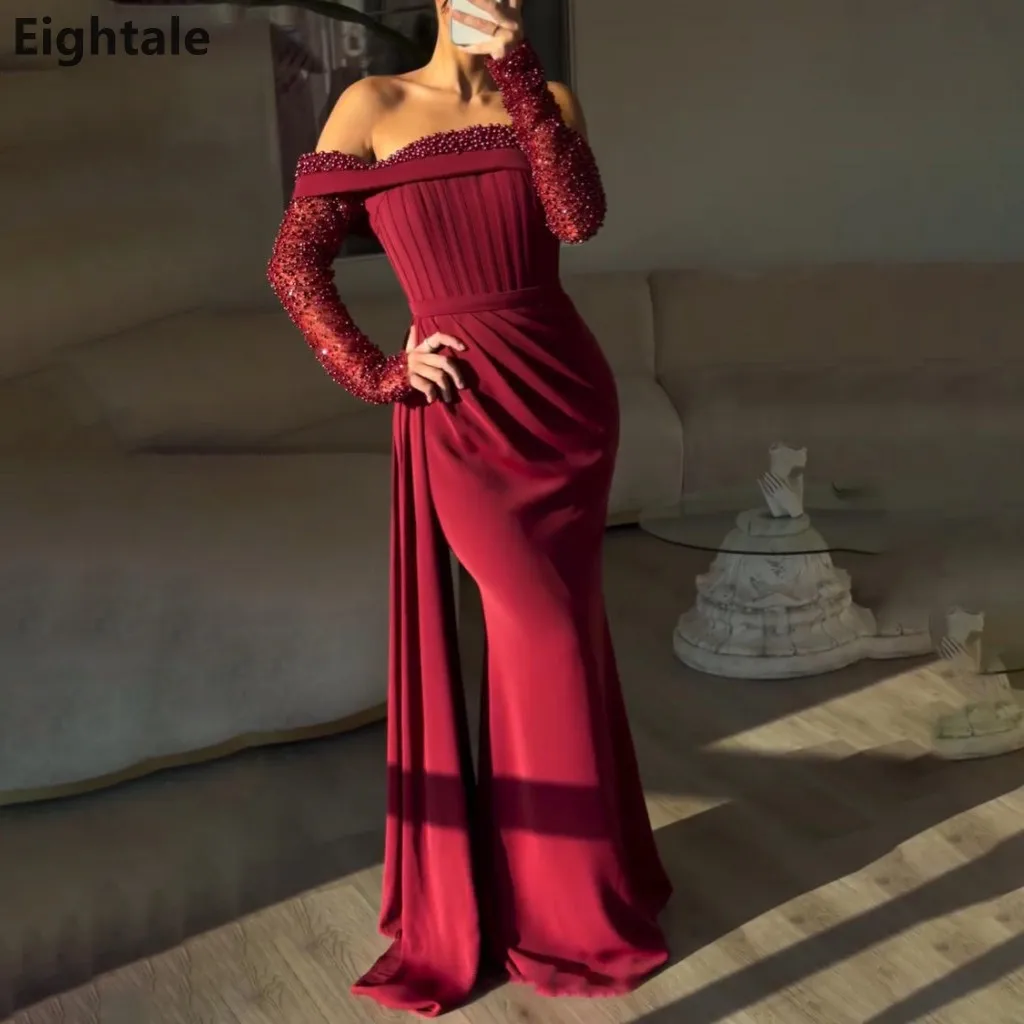 

Eightale 2025 Burgundy Mermaid Saudi Off Shoulder Long Sleeve Evening Dress Wedding Prom Dress Dubai Party Gown Customized