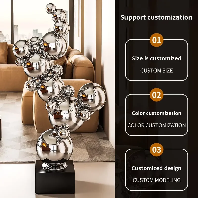 Large Stainless Steel Electroplated Silver Abstract Sculpture for Living Room Floor Decor Italian Light Luxury Style Model