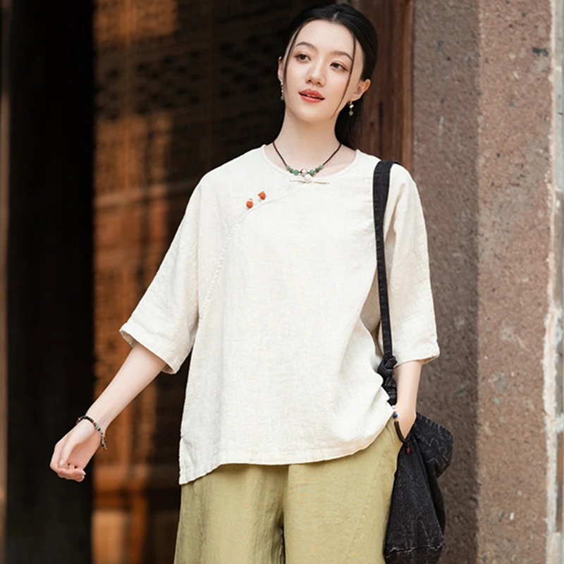 

Chinese Style Women Cotton Linen Casual T-shirts New 2025 Summer Vintage O-neck Plain Color Female Half Sleeve Tops Tees M1612