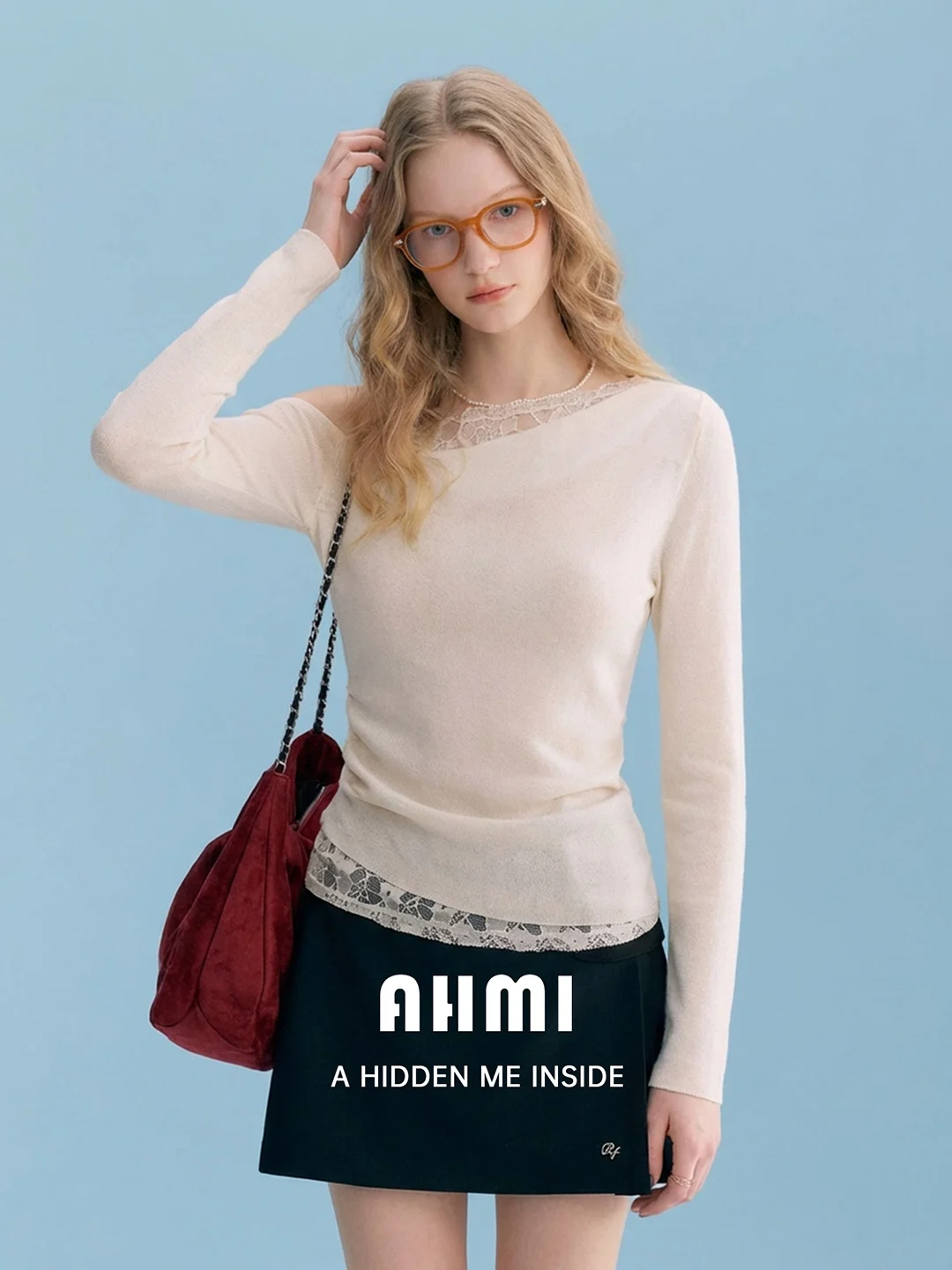 

Женская футболка AHMI с кружевными вставками и длинным рукавом, весенняя, элегантная, приталенная, с высокой талией, в корейском стиле, из полиэстера