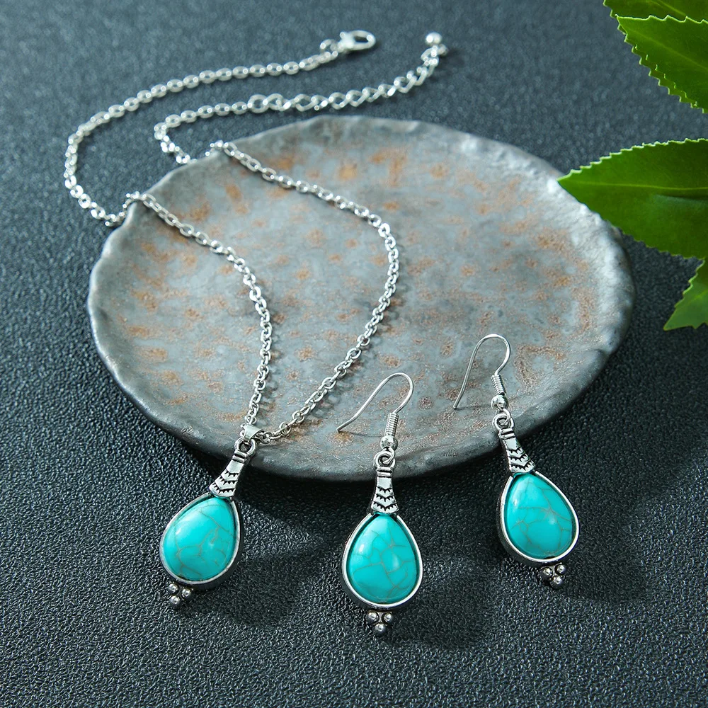 Vintage Bohemian Imitation Turquoise Earrings Necklaces Set for Women Classic Flower Round Water Drop Silver Color Jewelry
