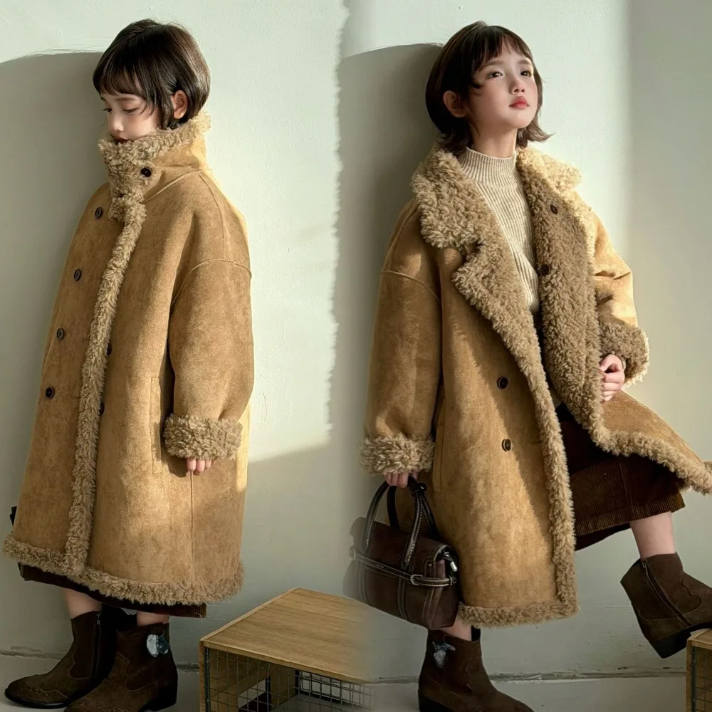 Reversible Faux Lamb Fur Long Coat for Big Kids Boys Girls Winter Outerwear for 120-170cm