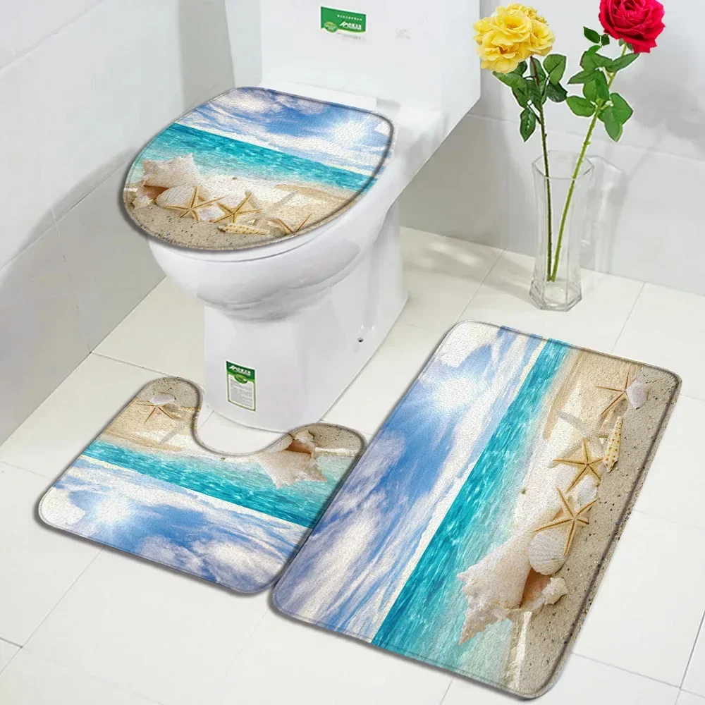 Zestaw dywaników kąpielowych na plaży Conch Starfish Seashells Natural Ocean Landscape Home Carpet Flanelowy wystrój łazienki Dywaniki podłogowe Nakładka na toaletę