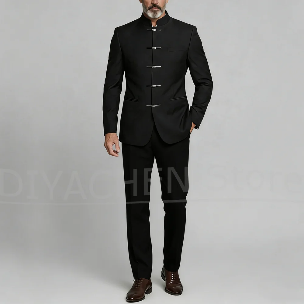 

Men's Mandarin Collar Suit with Metal Buttons Wedding Party Tuxedo 2 Piece Formal Smart Casual Single Breasted Gentleman Outfit