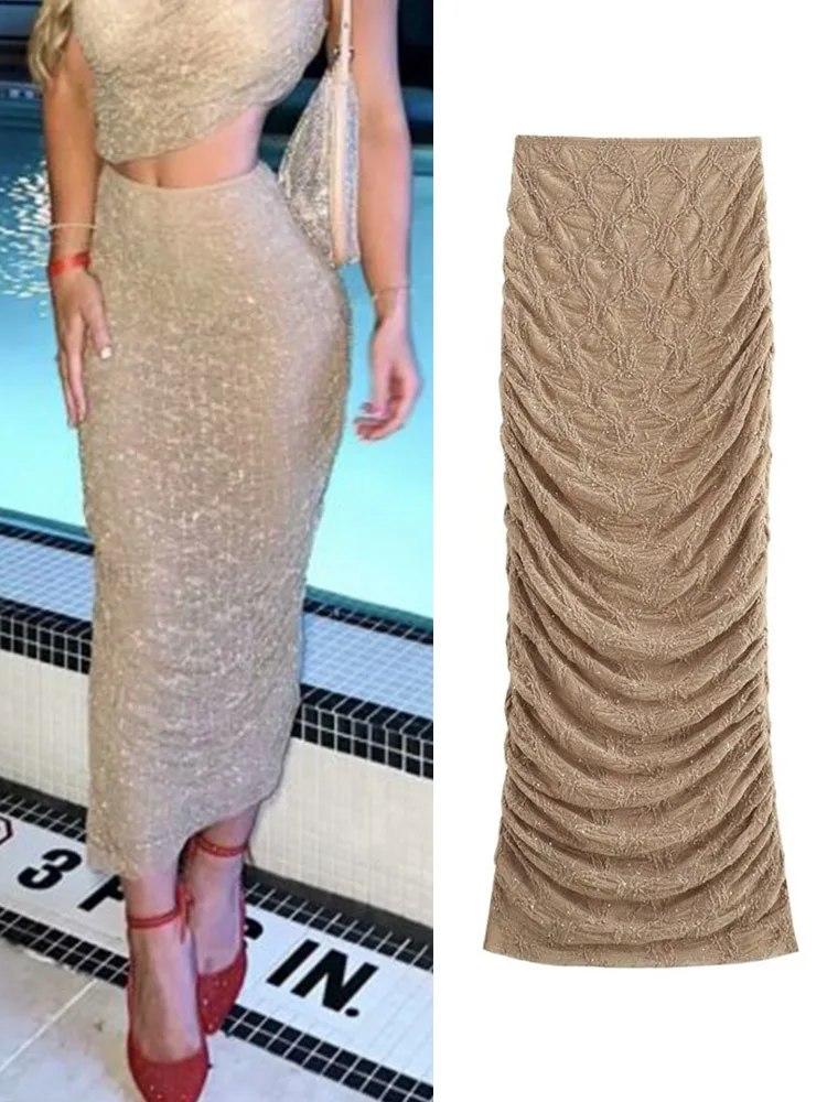 

Women Summer Slim Pleated Skirts 2024 Fashion Sexy Beading High Waist Female Elegant Street MIDI Skirt Clothing