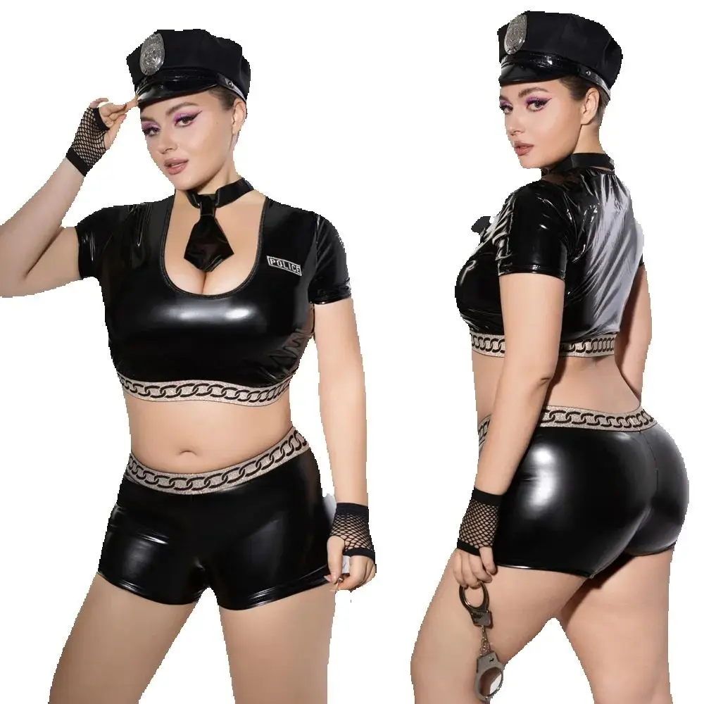 

Новый женский сексуальный костюм полицейской больших размеров из двух частей для ролевых игр, тематических вечеринок, косплея, размер XXL, из искусственной кожи