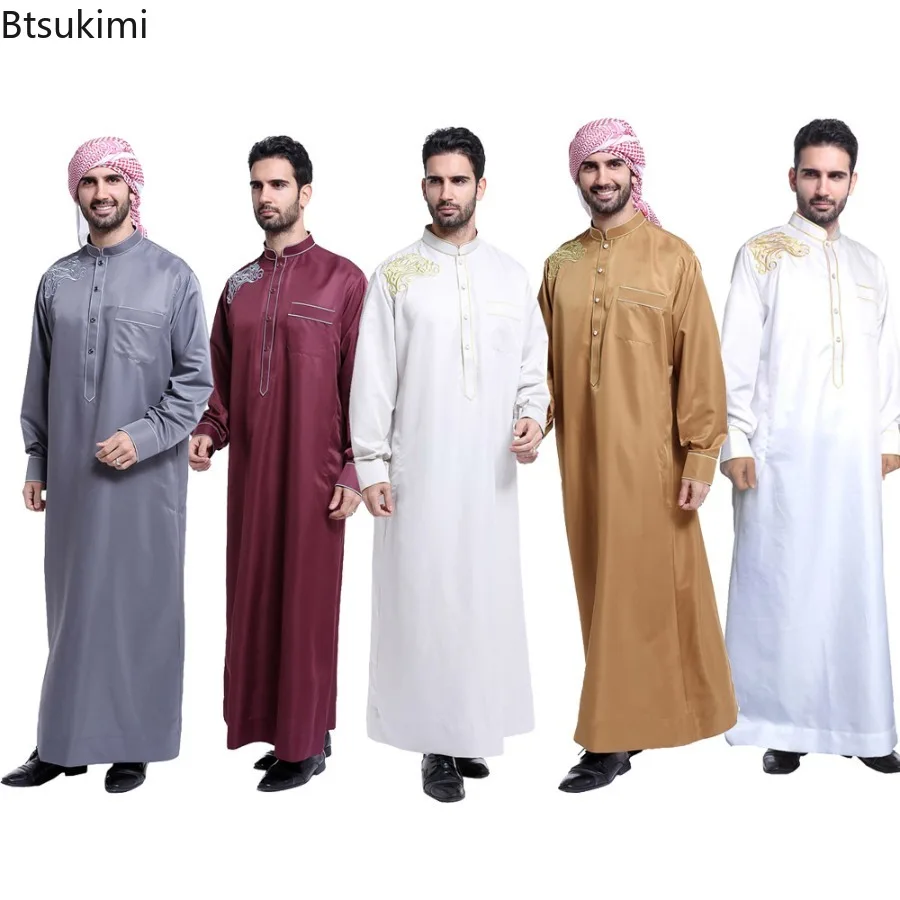 

2025 Men's Muslim Saudi Long Sleeve Robes Men Jubba Thobe Arabic Islamic Clothing Jalabiya Dubai Kaftan Abayas Middle East Dress