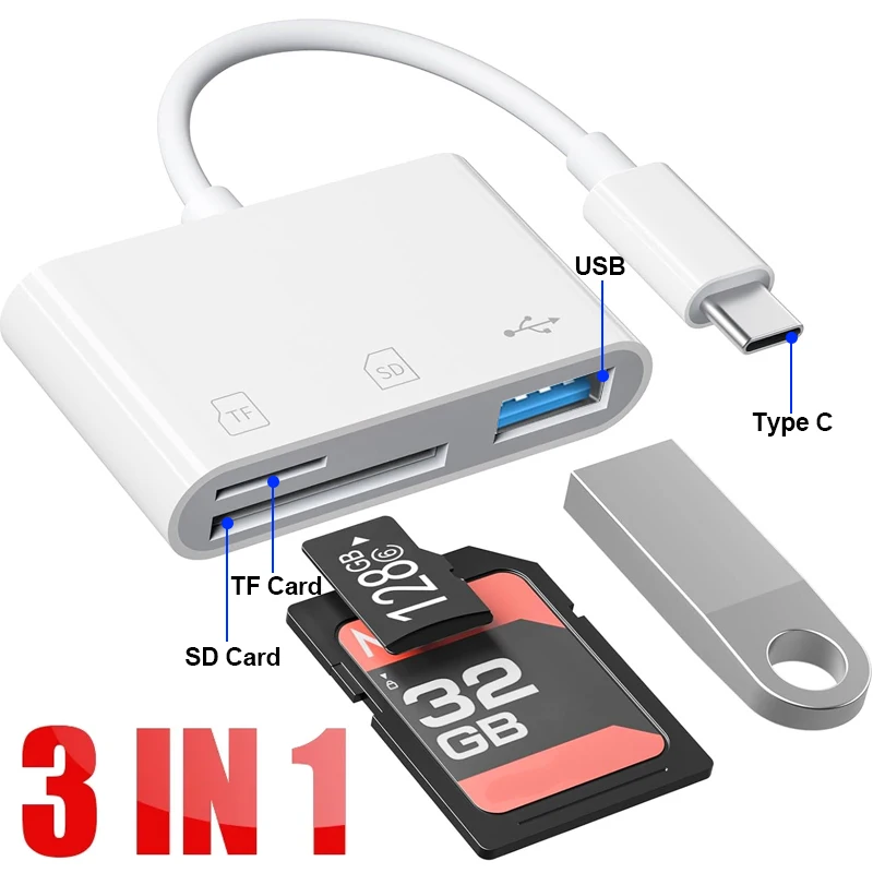 3 in 1 Multifunction TF CF SD Memory Card Reader Sim Cards Adapters USB C TypeC OTG Converter for MacBook Laptop Xiaomi Samsung