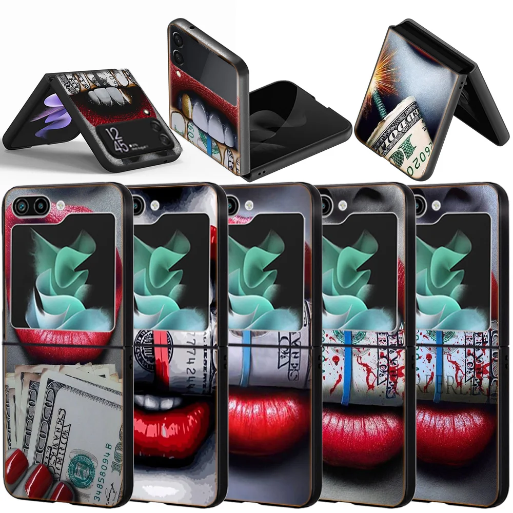 Flaming Red Lips Money Shockproof Case For Samsung Galaxy Z Flip 5 4 3 5G Funda ZFlip5 Black Hard ZFlip3 zflip4 zflip5 Phone Fun