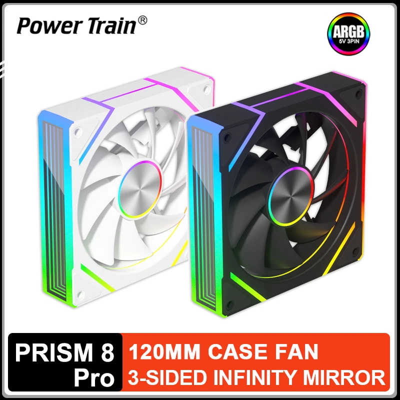 Power Train PRISM 8 Pro Case Cooling Fan 3-sided Infinity Mirror 5V/3PIN ARGB Quiet Computer Cooling Fan