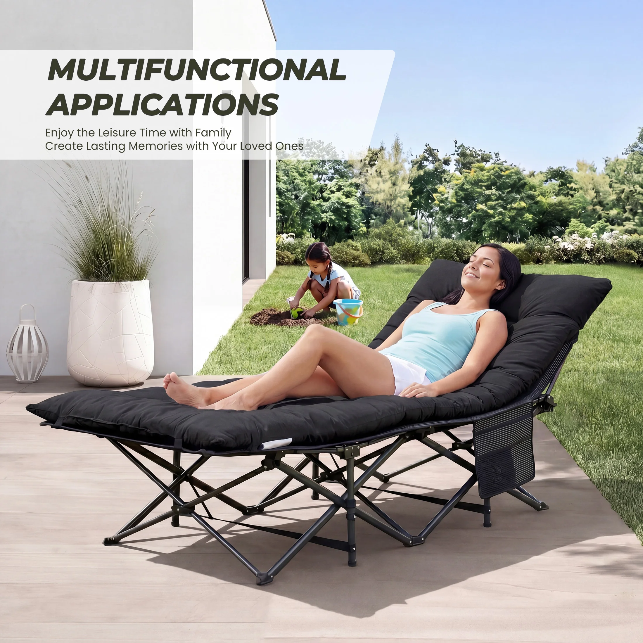 Silla plegable JHK para camping y playa, portátil, con cojín de 3.5'', resistente hasta 440 lbs, estructura robusta, compacta, con almacenamiento y cama para exteriores.