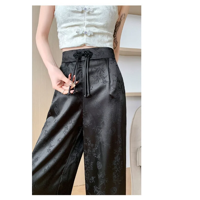 Nuevo estilo chino hebilla de disco satén Jacquard pierna ancha nueva cintura alta delgada drapeado Casual pantalones para fregar el suelo
