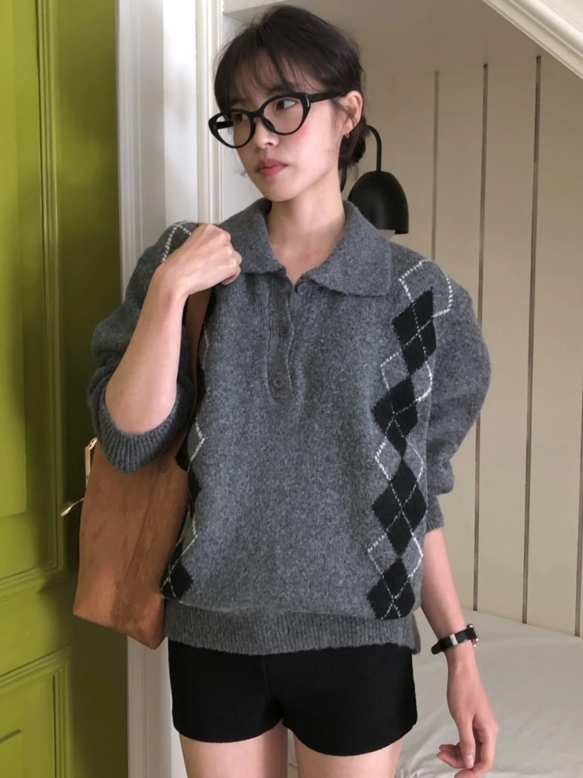 Sweater Outerwear Women Korean sle winter Wear Retro Rhombus Lapel Knit cardigan Single-Breasted Soft Glutinous Chic Top